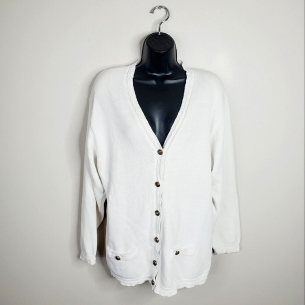 Vintage 90s Cable Knit Cotton Coastal Cottage Granny White Chunky Cardigan L